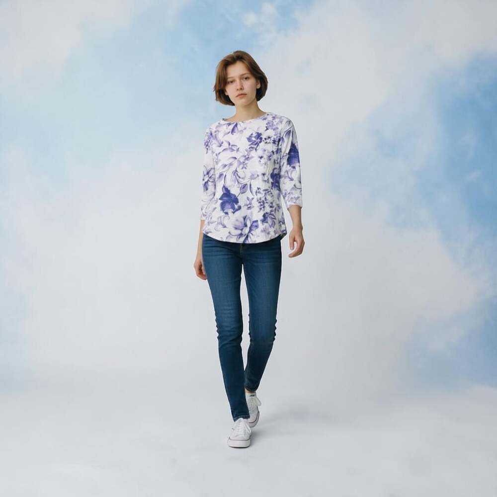 Chico's Floral Print Long Sleeve Top Size 0 White Blue Purple